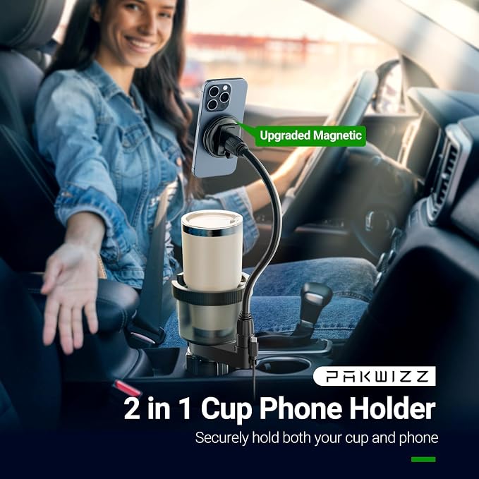2-in-1 Car Cup Holder Expander for Phone MagSafe, Upgraded Cup Holder Phone Mount for Car with Adjustable Base, Compatible with Yeti 20/26/30 oz, Hydroflask 32/40 oz (Transparent Black) - Image 2