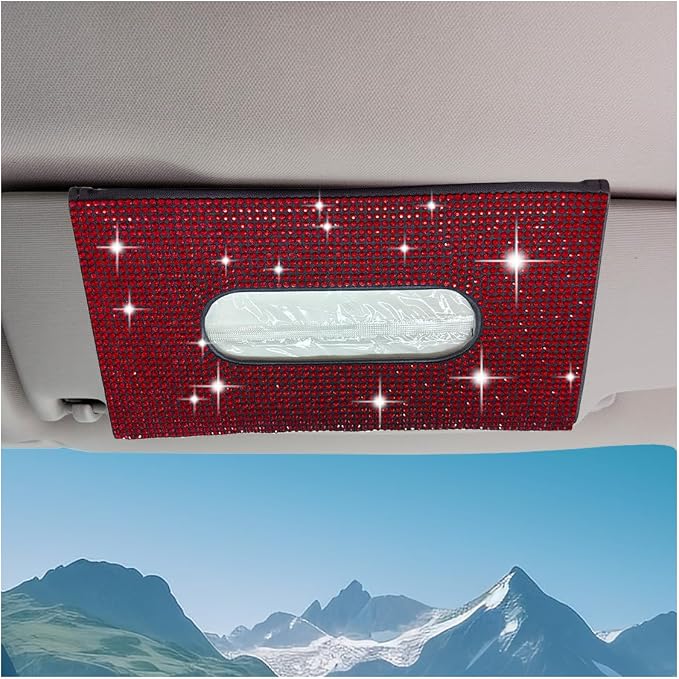 Bling Car Sun Visor Tissue Box Holder, PU Leather Auto Paper Towel Cover, Glitter Crystal Rhinestone Napkin Holder, Car Decoration Accessories for Women (Black/Red) by Unknown