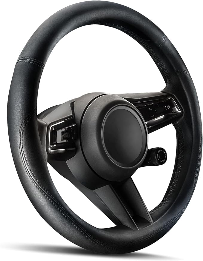 HOTOR Car Leather Steering Wheel Cover, Universal 15.5"-16", Black | Universal Car Accessory for Diverse Cars, Car Steering Wheel Cover with Anti-Slip Lining, Full Protection, Easy Installation by HOTOR