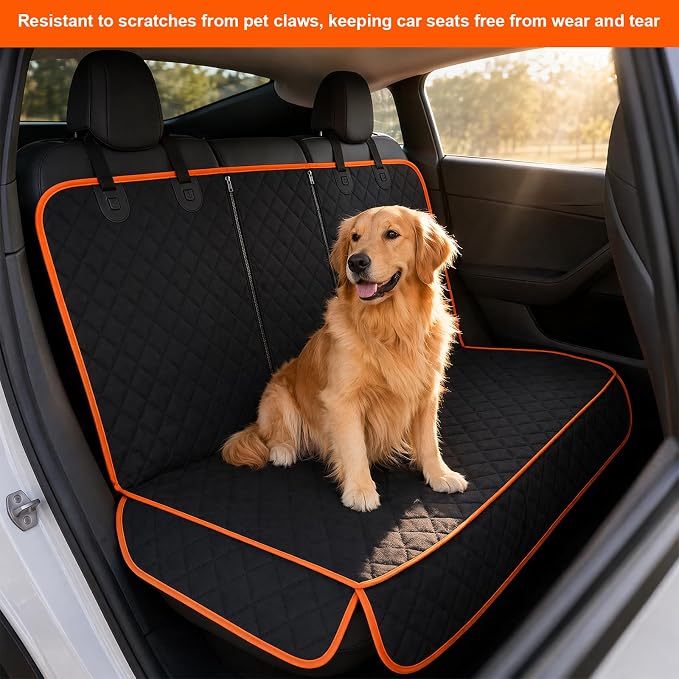 Car Back Seat Cover, Waterproof Non-Slip Pet Rear Seat Protector with Side Flaps, Scratchproof Oxford Cloth Pet Bench Backseat Cover for Most Vehicles, Car Accessories (Black & Orange) - Image 5