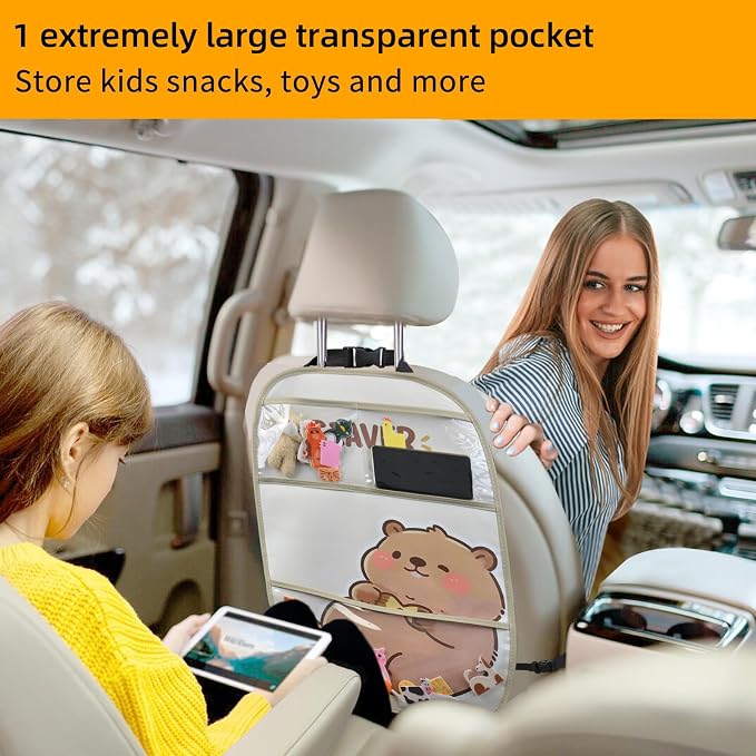 kids Leather Car Backseat Organizer with Foldable Table Tray, Car Storage Organizer with Tablet Holder, Car Seat Back Protectors Kick Mats, Travel Accessories (Beaver) - Image 8