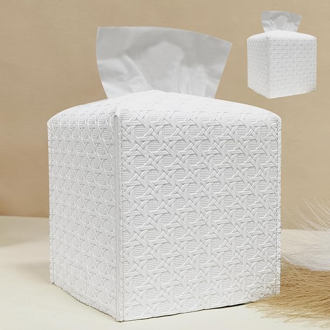 HOMOTEK 2 Pack Tissue Box Cover,PU Leather Tissue Holder,Square Decorative Facial Tissue Cube Paper Organizer Dispenser for Bathroom, Night Stands, Desk, Car 5X5X5'' - Rattan Weave, Pure White by HOMOTEK