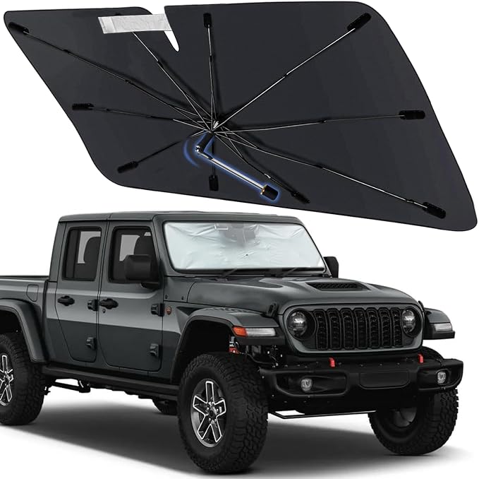 Windshield Sun Shade Umbrella for Jeep Gladiator 2020-2026 Front Window | Custom Fit Car Sun Visor with 360° Rotating Shaft, UV Protection Heat Shield Sun Blocker Heat Reflector and Easy Storage by Visufy