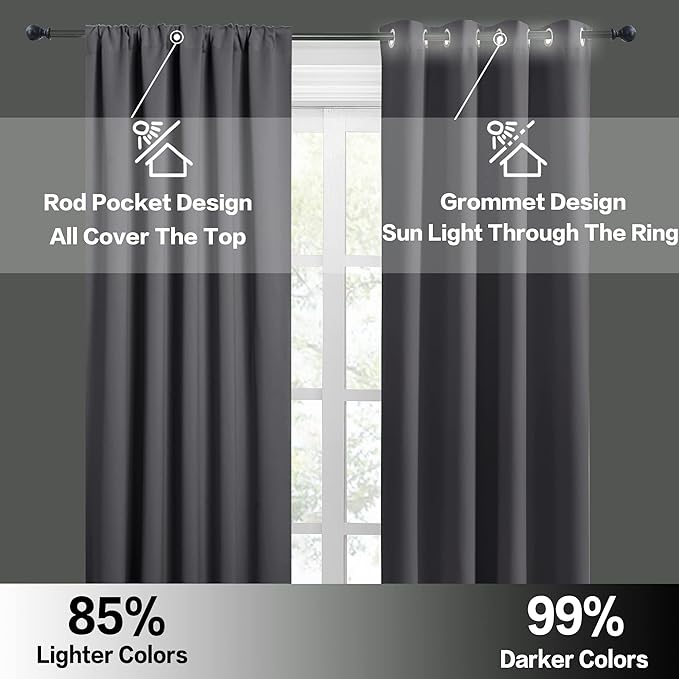 RYB HOME Extra Wide Blackout Curtains for Bedroom Living Room 63 inch Long | Thermal Insulated, Privacy, Drapes for Large Window, Triple-weave Fabric, For Better Sleep, W70 x L63, Grey, 2 Panels - Image 5