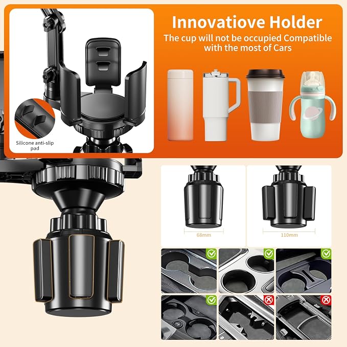 Phone Holders for Your Car, 2 in 1 Cup Holder Phone Mount with Expander | Secure Hold, Adjustable Base and Long Arm with 360°Rotation Car Phone Holder for 4-7‘’ iPhone, Samsung, and All Smartphones - Image 4