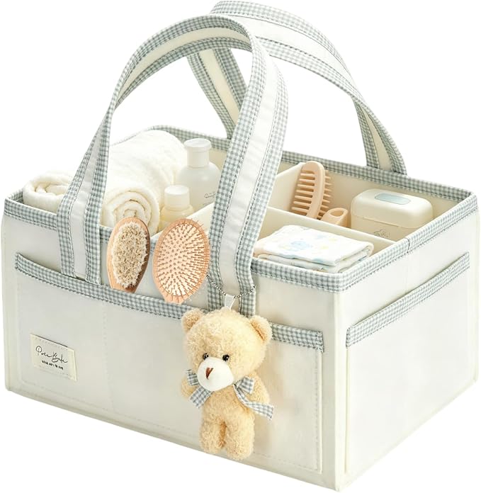 Portable Diaper Caddy Compatible with Skip Hop, Foldable Nursery Storage Tote with Removable Divider, Side Pockets & Cute Bear Pendant for Changing Table, Car & Home by Unknown