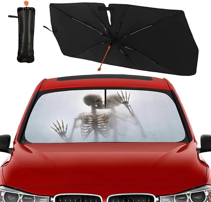 Skull Skeleton Car Windshield Sun Shade Umbrella Bendable Handle Foldable Funny Skull Sunshade for Car Windshield Block UV Rays Keep Vehicle Cool for Most Sedans SUV Trucks Cars 57"x30" - Image 4