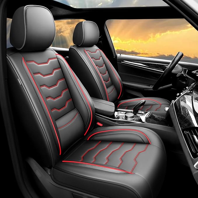 Fit Juke Car Seat Covers Premium Leather for Nissan Juke 2011-2016 2017. Waterproof， Breathable, Scratch-Resistant & All-Weather Seat Cushion Protector（Full Set,Red Line Black by Unknown