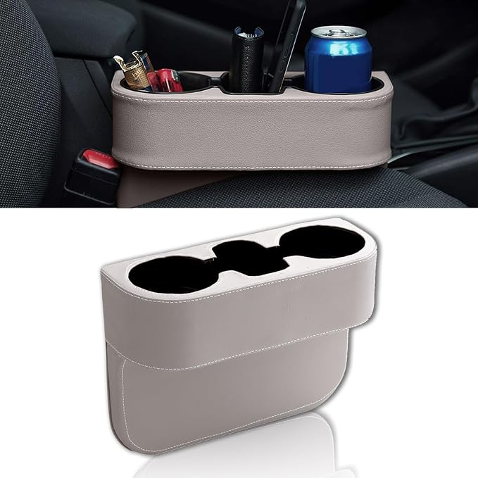 Car Cup Holder, PU Leather Auto Front Seat Organizer, Multifunctional Cup Drink Holders, Gap Filler Storage Box Coin Bucket Console Side Pocket Cell Mobile Phone Holder (Gray) by Unknown