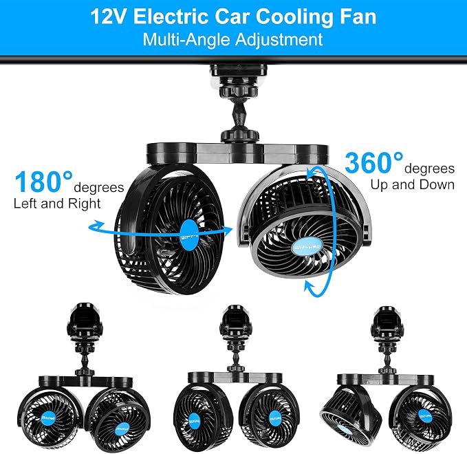12V Car Clip Fans, Adjustable Dual Head Clip Fan 360° Rotatable Cooling Air Fan, 4'' Electric Auto Car Fans with Cigarette Lighter Plug for Vehicles, RV, SUV - Image 3