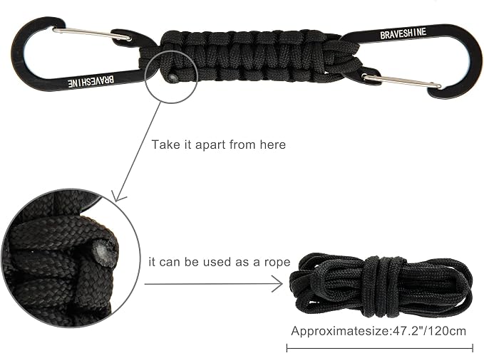 BRAVESHINE Paracord Keychain Carabiner Clip | D Ring Hanger Lanyard Hook | 7.3inch Long | for Stroller, Water Bottle, Key, Backpacks, Men, Women, Luggage, Car Seat Headrest, Fence, Bag Charms - Image 8