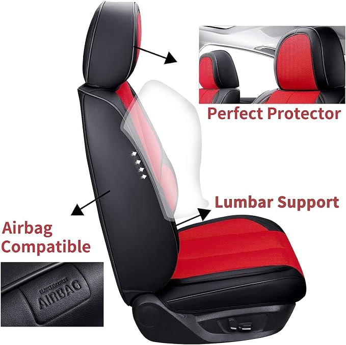 Coverado Front Seat Covers, Universal Seat Covers for Cars, Breathable Leather Car Seat Protector, Front Car Seat Covers, Seat Covers Waterproof, Driver Seat Cover Fit for Most Cars, BlackRed - Image 7