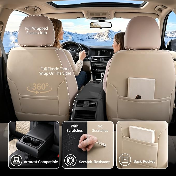 Fit Canyon Car Seat Covers for GMC Canyon 2015-2025 2026 - Luxury Leather, Anti-Slip, All-Weather, Waterproof & Breathable, Airbag Compatible, 2 Front Seats Only (Beige) - Image 6