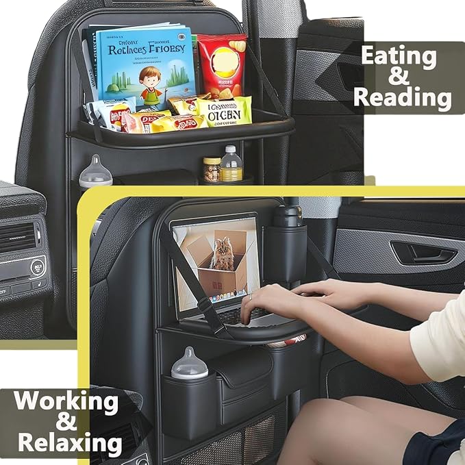 Foldable Car Backseat Organizer with Table Tray, Car Seat Back Protector with Touch Screen Phone Holder, Premium Leather Kick Mats with Storage Pockets Tissue Holder (Black) - Image 8