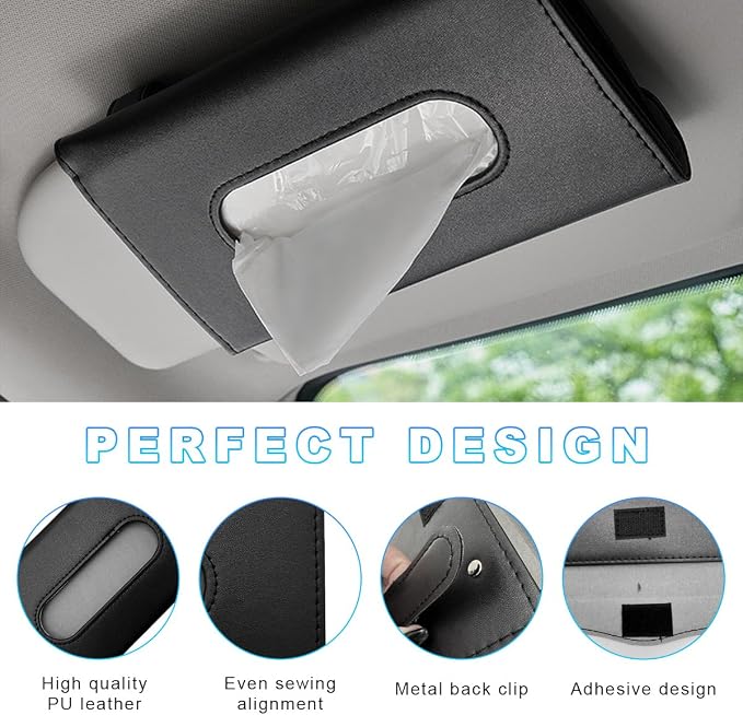 Ohleats Car Tissue Holder, Leather Sun Visor Napkin Holder, Auto Backseat Tissue Mask Case Dispenser for Most Vehicles, Universal Interior Car Accessories Hanging Tissues (Black) - Image 3