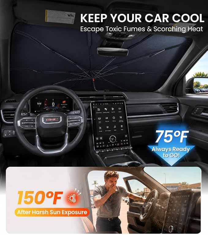Zanch Windshield Sun Shade Umbrella for GMC Acadia & Terrain 2010-2026 | [99% UV Protection, Up to 75℉ Cooler] Snug Fit, Scratch-Free, Built to Last, Foldable Front Sunshade Umbrella for SUV - Image 3