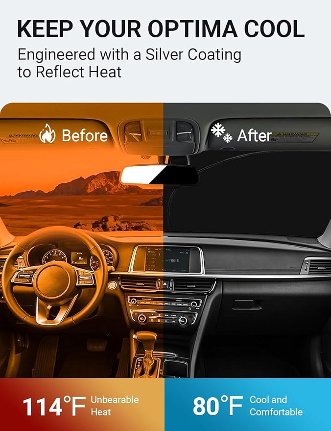 Proadsy Custom Fit 2016-2020 Kia Optima Windshield Sun Shade, Blocks Heat | 240T Heat Shield, Drops Temp 54°F, Blocks 99% UV, Prevents Dashboard Cracking, Summer Parking & Beach Trips, Easy Twist-Fold - Image 3