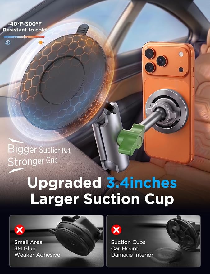 miracase Heavy Duty Aluminum Alloy Car Phone Holder for Magsafe, CNC Machined Metal Arm w/Friction Lock Joint & Large Vacuum Suction Cup, 360° Rotatable Windshield Holder for iPhone & All Smartphones - Image 5