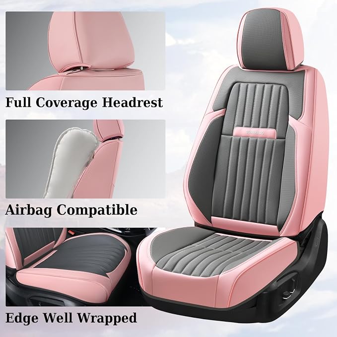 Coverado Car Seat Covers Full Set, Nappa Leather Seat Covers for Cars, Waterproof Car Seat Covers Front Seats and Back, Automotive Car Seat Protector Car Seat Cushion Fit for Most Cars (Pink&Grey) - Image 2