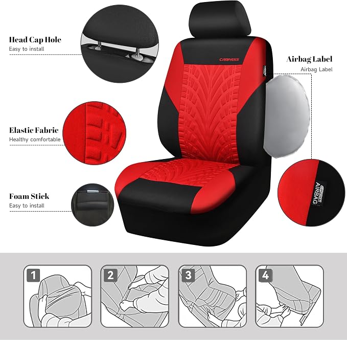 CAR PASS Car Seat Covers Two Front Only for Car, 3D Tyre Print Automotive Interior Covers, Airbag Compatible, Quick Setup Universal Fit Seat Covers for Car, Truck, SUV(Black Red) - Image 2