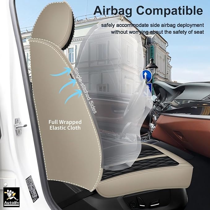 IKABEVEM Car Seat Covers Fit for Nissan Juke 2011-2017 | Waterproof Leather, Airbag Compatible, Easy Install & Wipe Car Seat Protector,2 Front Seats Covers Fit for Juke, Beige&Black - Image 2