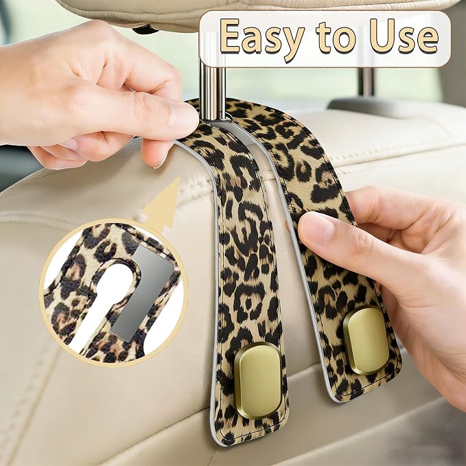 Car Hooks for Headrest: 2Pack Car Headrest Hook with Premium Leopard Leather - Double Metal Hooks - Purse Hook For Car - Car Headrest Hooks - Car Hooks for Purses, Handbags, Bags - Leopard - Image 5