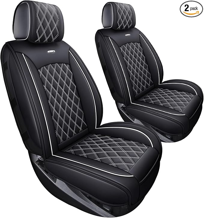 Front Seat Covers Chevy Silverado GMC Sierra 2007-2026 1500 2500HD 3500HD | Aierxuan 2 Seat Protectors Custom Fit Truck Pickup Trail Boss Z71 Crew Double Extended Cab Waterproof Leather Black-White by Aierxuan