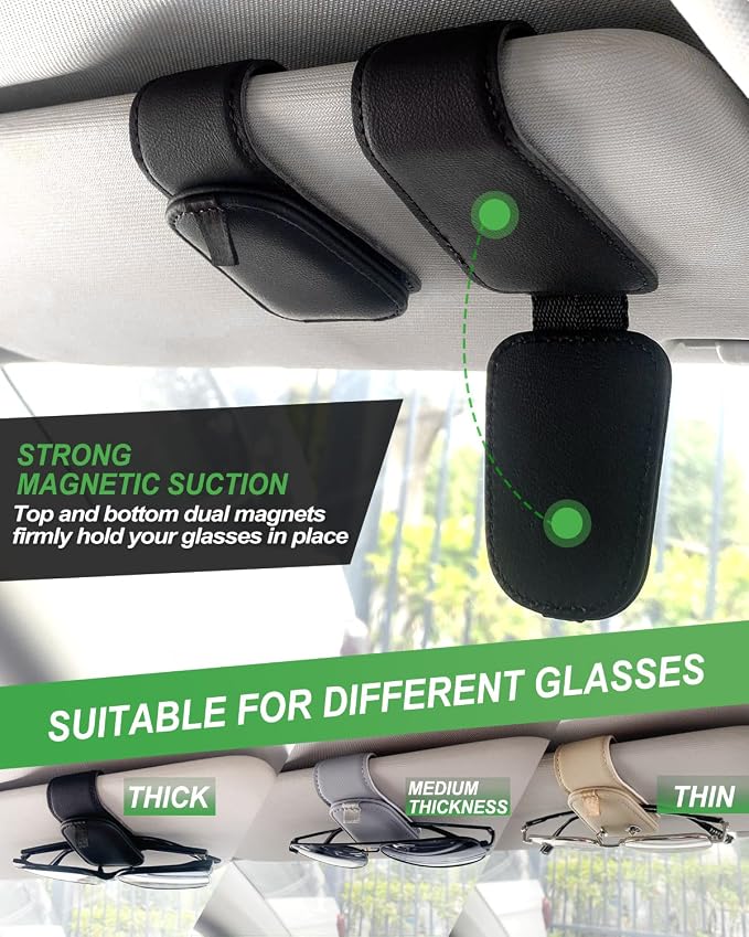 Sunglass Holder for Car, 2 Pack Car Sunglass Holder Visor Clip Magnetic Leather Sun Glasses Eyeglass Hanger, Black, Fit for Different Size Eyeglasses - Image 3