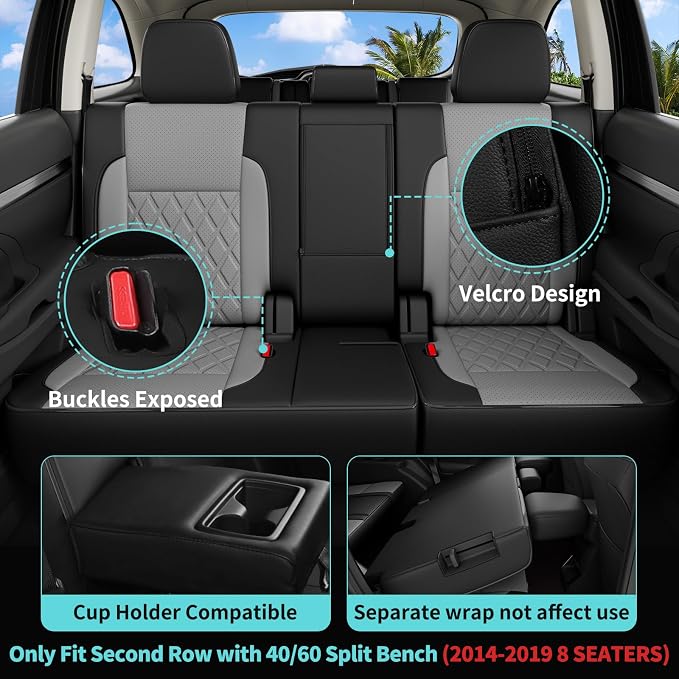Custom Seat Covers for Toyota Highlander 2014-2019 8 Seats | black grey, faux leather, 2nd row 40/60 split bench, waterproof, breathable, airbag compatible, stain resistant - Image 3