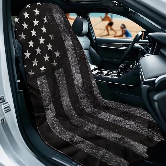 Black American Flag Car Towel Seat Cover Breathable Soft Car Seat Cover Protector with Storage Bag Easy to Store Universal Fit for Most Vehicles - Image 2