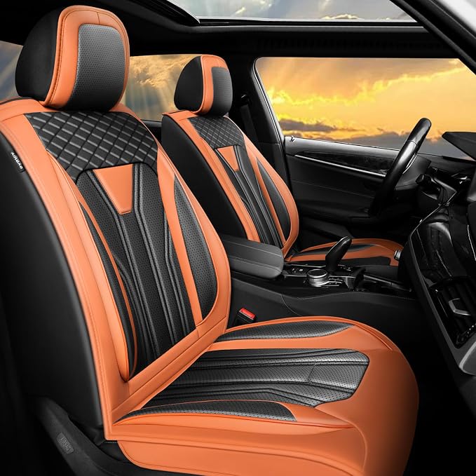 Fit Titan Car Seat Covers Premium Leather for Nissan Titan 2009-2023 2024. Waterproof， Breathable, Scratch-Resistant & All-Weather Seat Cushion Protector（Full Set,Orange&Black by Unknown