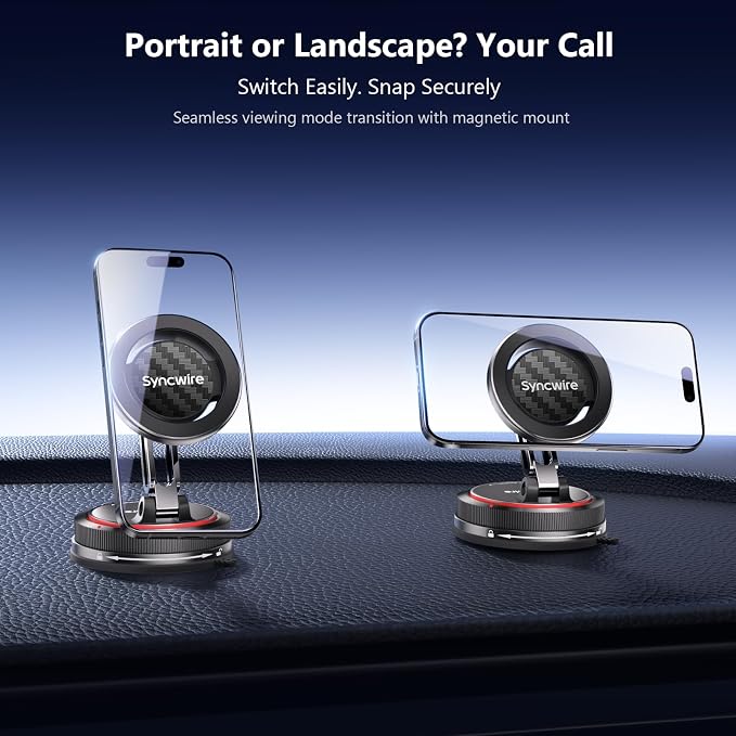 SYNCWIRE for MagSafe Car Mount [2-Axis Design] Nano Adhesive Gel + Suction Cup Magnetic Phone Holder for Dashboard & Windshield, 360° Adjustable for iPhone 17 16 15 14 13 12 11, Samsung, Carbon Fiber - Image 8