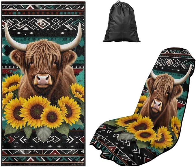 Aztec Highland Cow Sunflower Car Seat Towel Cover After Gym Sweat Automotive Front Seat Cover with Storage Bag Aztec Tribal Car Interior Accessories Universal Fit Beach Towel Yoga Mat Towels by YMPUDXFI