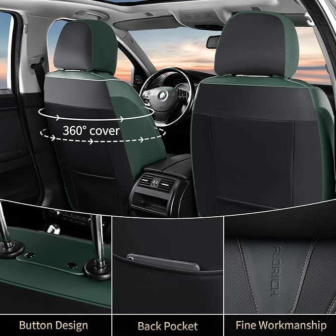 FLORICH Leather Seat Covers Full Set Automotive Car Seat Cover Front and Back Waterproof Auto Seat Covers Full Coverage Car Seat Protector Cushion Universal Fit for Most Cars SUV Trucks, Black&Green - Image 3