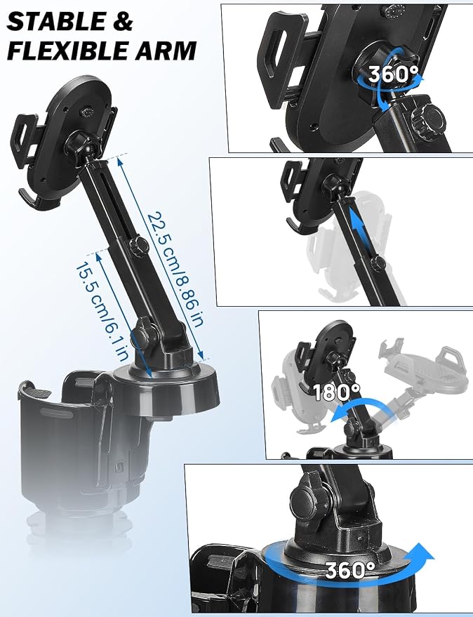 JOYTUTUS Cup Holder Phone Mount for Car, Car Cellphone Large Adapter Long Arm with 360 Degree Rotation, Compatible iPhone, Samsung & All Smartphones,Black,1 Pack - Image 5