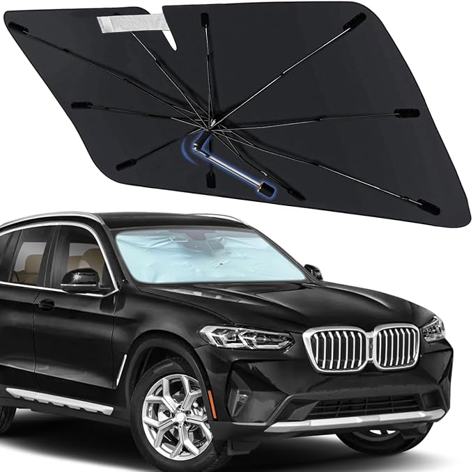 Windshield Sun Shade Umbrella for BMW X3 2018-2024, Foldable Front Window Sunshade with 360° Rotating Shaft, Custom Fit Car Shades for X3 Accessories with UV & Heat Protection by Visufy