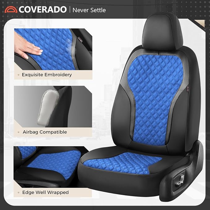 Coverado Seat Covers Full Set, Luxury Diamond Leather Car Seat Cover with Carbon Fiber Textured Design, Waterproof Car Seat Protector, Black&Blue Front and Rear Seat Covers Universal Fit Most Cars - Image 5