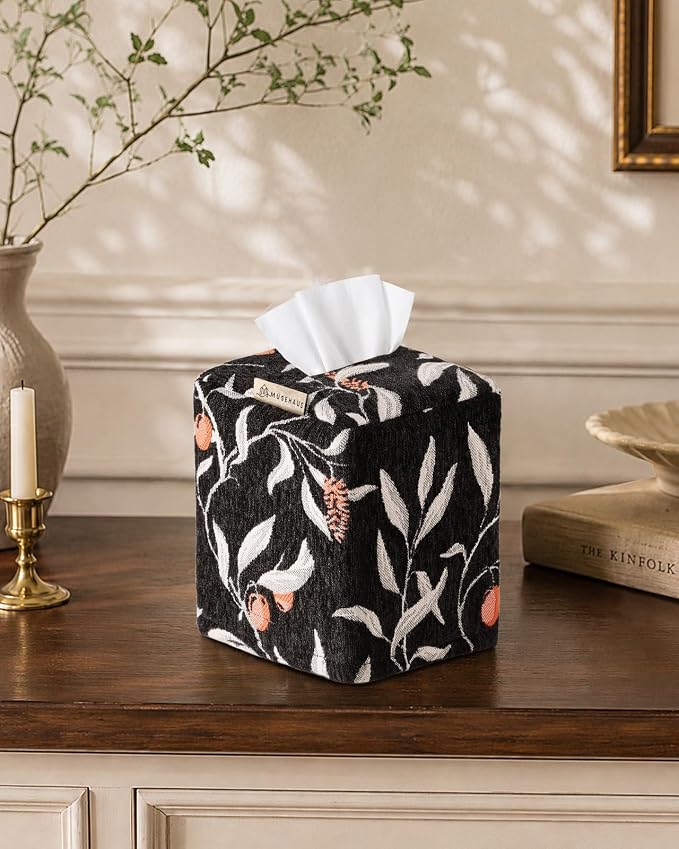 Chenille Tissue Box Cover - Vintage Farmhouse Decor, Black Leaf | Tissue Box Cover Square, Cube Tissue Holder, 4.5x4.5x5.5 in, Home, Living Room, Bathroom, Bedroom, Office, Vanity, Car Decor - Image 6