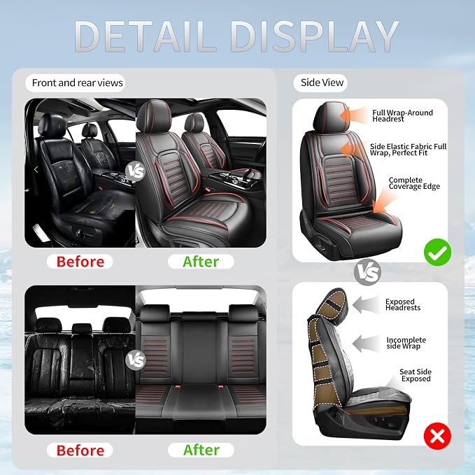 Fit Avalon Car Seat Covers for Toyota Avalon 2001-2021 2022 -Premium Leather, Waterproof，Breathable，All-Weather Seat Cushion Protecto & Airbag Compatible, 2 Front Seat Red Line Black - Image 6