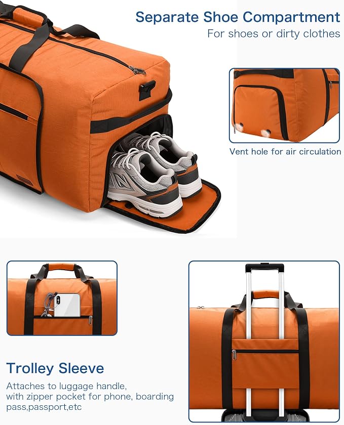 80L EXTRA LARGE Duffle Bag for Travel, 26" Foldable Travel Duffel Bag with Shoe Compartment for Men Women, Waterproof & Tear Resistant (Orange, EXTRA LARGE, 80L) - Image 4