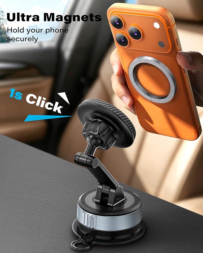 Magnetic Phone Holder for Car, Suction Cup Phone Mount for MagSafe | Dual Pivot Adjustable Arm, 360° Rotation, 67mm Strong Suction Cup, Dashboard Phone Holder Compatible with MagSafe - Image 4