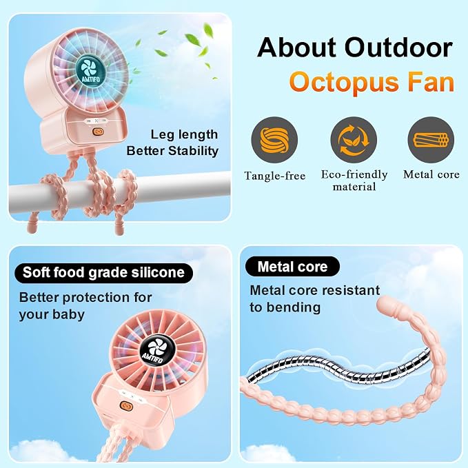 AMTIFO Pink Stroller Fan - USB Rechargeable, Quiet Cooling, 4 Adjustable Speeds, Portable Baby Fan for Strollers, Car Seats, Nurseries, Outdoor Use, Long-Lasting Battery - Image 5