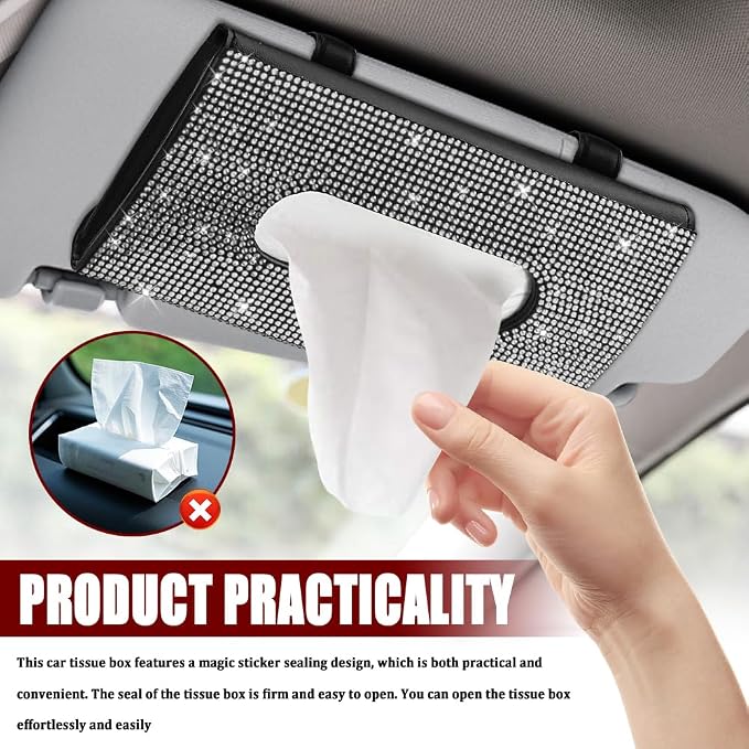 Bling Car Sun Visor Tissue Box Holder, Car Visor Tissue Holder, PU Leather with Bling Crystal Rhinestones Tissue Holder, Backseat Paper Towel Cover Case Auto Accessories for Women (White) - Image 4