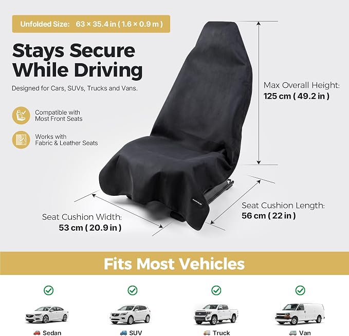 Car Seat Cover Towel, Seat Cover Protector, Waterproof Sweat Towel Seats Covers for Gym, Sports, Beach, Universal Front Seats Covers for Cars, Trucks, SUVs, Leather Seats(Black) - Image 4