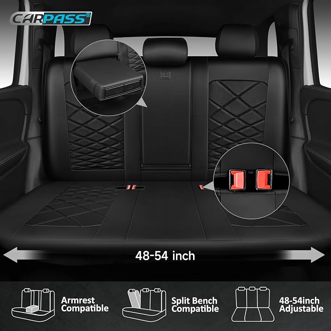 CAR PASS Luxury Nappa Leather Back Seat Covers, Piping Water Resistant Premium Perforated Leather Rear Bench Seat Covers, Breathable Backseat Cover Universal Fit for Most Sedan SUV Van Truck, Black - Image 2