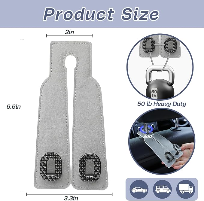 Car Headrest Hooks Universal Car Purse Hook Premium Leather and Alloy Twin Hook Car Seat Back Storage Hanger Hook for Purse Bags Cloth Drink Durable Holder Car Accessories (BH09-Grey-Black-4 Pack) - Image 6