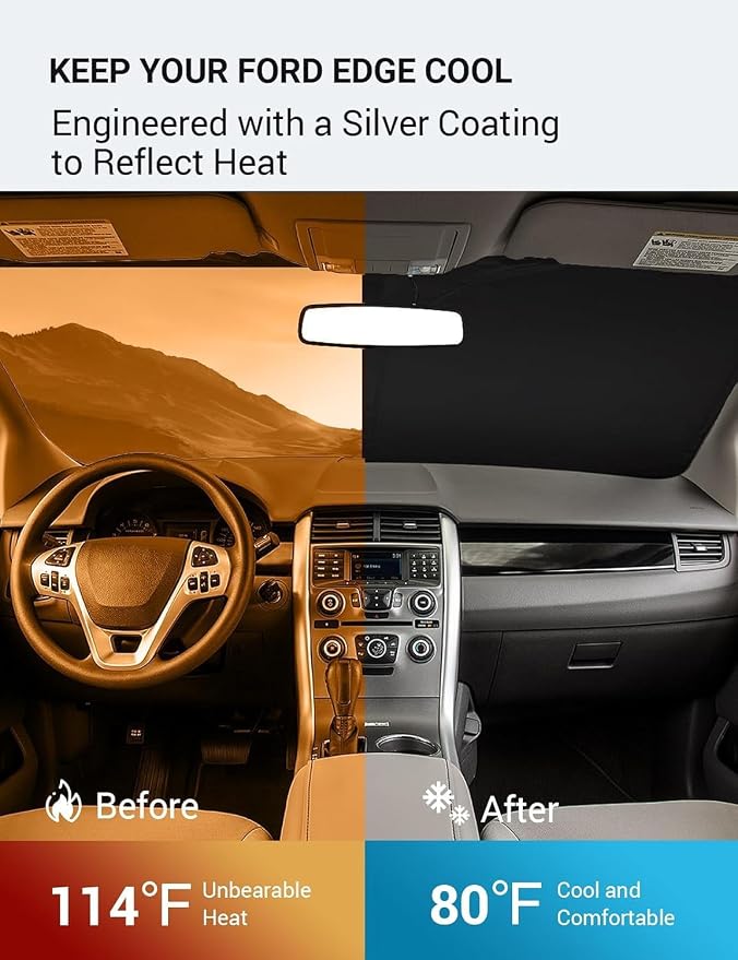 Proadsy Custom Fit 2007-2014 Ford Edge Windshield Sun Shade, Blocks Heat | 240T Heat Shield, Drops Temp 54°F, Blocks 99% UV, Prevents Dashboard Cracking, Summer Parking & Beach Trips, Easy Twist-Fold - Image 3