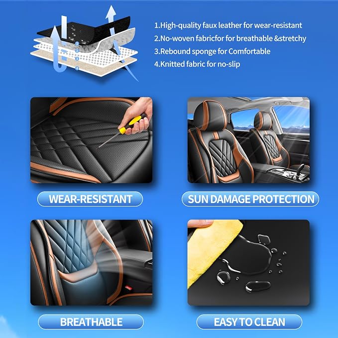Fit Gladiator Car Seat Covers Compatible with Jeep Gladiator 2020-2024 2025 2026-Premium Leather,Waterproof,Breathable,Airbag Compatible &All-Weather Seat Cushion Protecto(Full Set,Brown) - Image 6