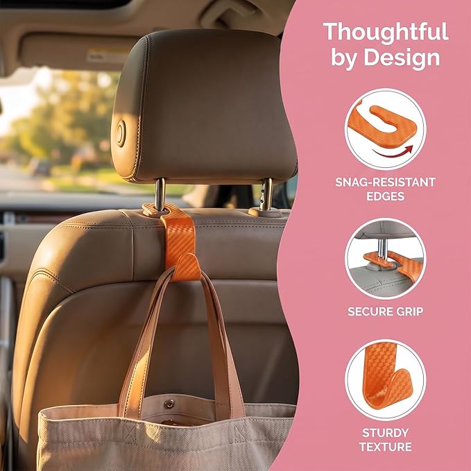 4 Pack Headrest Hooks for Vehicle Seats, Carbon Fiber/Orange | rear-row hanging storage, supports bags coats and groceries, fits matching headrest posts, interior accessory - Image 3
