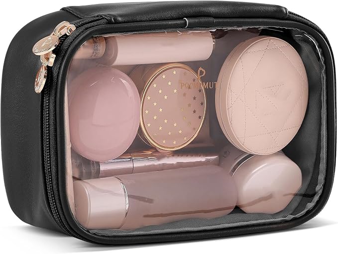 Small Makeup Bag,Clear Make Up Bag Organizer Carry-on Travel Essentials,TSA Approved Toiletry Bag Clear Cosmetic Bags for Women Men,Black by Pocmimut